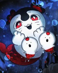  3others air_bubble blue_background bubble chibikemo chiikawa commentary_request dyooo fins furry hands_on_own_cheeks hands_on_own_face highres korean_commentary mermaid_(chiikawa) multiple_others siren_(chiikawa) underwater 