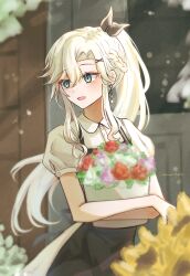  1girl absurdres artist_name black_skirt blonde_hair blue_eyes blush bouquet braid buttons collared_shirt commentary day earrings english_commentary flower hair_between_eyes hair_ornament highres holding holding_bouquet jewelry looking_to_the_side open_mouth original outdoors purple_flower red_flower shirt short_sleeves sidelocks skirt solo sowon_(sowonhae) upper_body white_flower white_shirt x_hair_ornament 