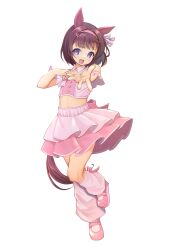  1girl :d absurdres animal_ears back_bow blunt_bangs blush bow bow_legwear brown_hair clothing_cutout commentary cowboy_shot cropped_shirt detached_collar ear_bow ear_covers ear_flower ear_ornament full_body hair_ornament hairband hands_up heart highres horse_ears horse_girl horse_tail layered_skirt leg_up looking_at_viewer loose_socks meni_shuki_rush-sshu! midriff nishino_flower_(umamusume) open_mouth pink_bow pink_hairband pink_shirt pink_shoes pink_skirt reaching reaching_towards_viewer shirt shoes short_hair shoulder_cutout skirt smile socks solo standing tail umamusume violet_eyes white_background white_bow x_hair_ornament yashin_(yasinz) 