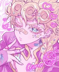  1boy bandaid bandaid_on_chest bandaid_on_face bandaid_on_finger bandaid_on_hand bandaid_on_neck bandaid_on_nose blonde_hair braid character_name commentary_request ear_piercing earrings eyelashes giorno_giovanna heart highres jacket jewelry jojo_no_kimyou_na_bouken kakukaku_19 long_hair male_focus multiple_earrings one_eye_closed piercing pink_jacket pout rainbow_sticker ring safety_pin solo sparkle sparkling_eyes star_(symbol) star_sticker sticker sticker_on_clothes sticker_on_face sticker_on_hair upper_body vento_aureo victory_rolls 