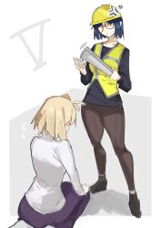  2girls absurdres anger_vein angry antenna_hair arcueid_brunestud blonde_hair blue_hair breasts brown_leggings brown_shoes ciel_(tsukihime) commentary english_commentary flying_sweatdrops forklift_certified_(meme) glasses hard_hat head_down helmet high-visibility_clothing high-visibility_vest highres jonyeld kneeling leggings long_skirt looking_at_another meme multiple_girls purple_skirt rolled-up_paper shaded_face shoes short_hair sidelocks single_hair_intake skirt sweater tsukihime turtleneck turtleneck_sweater white_sweater 