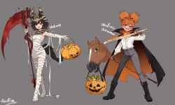  2girls :d absurdres afro_puffs animal_ears bandaged_arm bandaged_leg bandaged_torso bandages barefoot black_cape black_gloves black_hair burning cape collared_shirt dog_ears dog_tail embers fighting_stance fingerless_gloves fire full_body genderswap genderswap_(mtf) gloves grin half-closed_eye halloween_bucket headless_horseman_(monumenta) hekawt_(monumenta) highres holding holding_halloween_bucket holding_scythe holding_stick holding_sword holding_weapon horse_head long_sleeves monumenta multiple_girls mummy_costume orange_eyes orange_hair outstretched_arm paper_box red_eyes scythe shirt short_hair smile spread_legs stick sword tail weapon white_shirt 