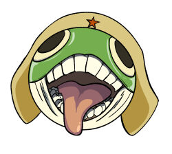  1boy absurdres black_eyes commentary_request frog_boy hat head_only highres keroro keroro_gunsou male_focus meisoochuu open_mouth simple_background solo teeth tongue tongue_out white_background yellow_hat 