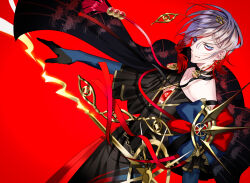  1boy blue_eyes chest_jewel commentary_request cowboy_shot earrings eyeshadow eyeshadow_under_eye fate/grand_order fate_(series) hair_ornament hair_over_one_eye jewelry kaki00789 karna_(celebratory_attire)_(fate) karna_(fate) looking_at_viewer makeup male_focus medium_hair multicolored_hair red_background red_eyeshadow red_hair simple_background smile solo two-tone_hair white_hair 