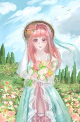  1girl absurdres aqua_dress aqua_ribbon blue_sky bouquet bow brown_eyes brown_hat chinese_commentary clouds commentary_request cowboy_shot daisy_(flower) day dot_nose dress dress_bow elbow_gloves eyelashes field flock floral_print flower flower_field frilled_dress frilled_gloves frilled_headwear frilled_sleeves frills gloves grin hair_flower hair_ornament hand_on_headwear happy hat hat_ribbon highres hill holding holding_bouquet infinity_nikki layered_dress leaf light_blush lipstick long_hair long_sidelocks makeup nikki_(nikki) nikki_(series) orange_flower orange_rose outdoors pink_bow pink_dress pink_flower pink_hair pink_ribbon pink_rose pleated_dress print_dress puffy_short_sleeves puffy_sleeves purple_flower purple_rose red_lips ribbon rose short_sleeves sidelocks simple_bird sky smile solo standing straw_hat sun_hat tree verdant_melodies_(infinity_nikki) waist_ribbon white_flower white_gloves white_rose white_sleeves yaoyaozhongshengwan89619 