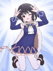  1girl \m/ black_hair black_shoes blue_gem cape commentary_request darkdaww detached_sleeves double_\m/ earrings fur_cape gem highres jewelry lapis_lazuline magical_girl mahou_shoujo_ikusei_keikaku mahou_shoujo_ikusei_keikaku_restart one_eye_closed open_mouth puffy_sleeves shoes smile tail thigh-highs white_thighhighs 