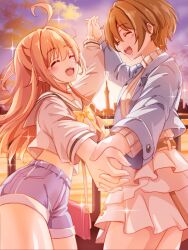  2girls :d ^_^ ahoge blue_jacket blue_shorts blush bow bowtie brown_hair closed_eyes commentary_request cowboy_shot crop_top cropped_jacket cropped_shirt dancing frilled_skirt frills harumiya_yukuri highres holding_hands ikizulive!_love_live!_bluebird interlocked_fingers jacket long_hair love_live! matsurugi_tsukasa midriff miniskirt multiple_girls navel one_side_up open_clothes open_jacket open_mouth orange_hair outdoors ribbed_sweater sailor_collar sailor_shirt shirt short_hair short_shorts shorts skirt smile sweater takahashi_polka teeth turtleneck turtleneck_sweater upper_teeth_only white_sailor_collar white_shirt white_skirt white_sweater yellow_bow yellow_bowtie 