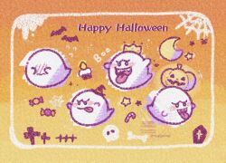  bat_(animal) blush bone boo_(mario) candle candy candy_cane coffin commentary crescent_moon crown fangs flying_sweatdrops food full-face_blush ghost gradient_background halloween happy_halloween highres jack-o'-lantern king_boo moon mugipoyow orange_background pumpkin silk skull smile spider_web star_(symbol) super_mario_bros. tombstone tongue tongue_out twitter_username untranslatable_commentary watermark yellow_background 
