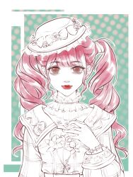  1girl absurdres aegyo_sal aqua_background border bow brown_eyes chinese_commentary choker closed_mouth collared_dress commentary_request dress drill_hair eyelashes floral_print flower frilled_choker frilled_headwear frills hair_bow halftone halftone_background hand_on_own_chest happy hat hat_bow hat_flower highres lipstick long_hair long_sleeves looking_at_viewer makeup nikki_(nikki) nikki_(series) nostrils outline outside_border partially_colored pink_hair plaid_clothes plaid_dress print_dress puffy_long_sleeves puffy_sleeves red_lips shining_nikki sidelocks signature smile solo straight-on sunset_blossom_(shining_nikki) twin_drills twintails upper_body waist_bow white_border white_outline yeziyu564 