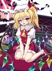  1girl ascot back_bow bat_(animal) blonde_hair book book_stack bow coffin collared_shirt commentary_request commission crystal crystal_wings doku_yanagi fangs flandre_scarlet frilled_shirt_collar frilled_skirt frills full_body hat hat_ribbon highres looking_at_viewer mary_janes mob_cap multicolored_wings one_side_up open_mouth puffy_short_sleeves puffy_sleeves red_eyes red_shoes red_skirt red_vest ribbon shirt shoes short_sleeves sitting skeb_commission skirt skirt_set smile socks solo touhou variant_set vest wariza white_bow white_hat white_shirt white_socks wings yellow_ascot 