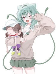  1girl absurdres bright_pupils brown_sweater contrapposto cropped_legs doll fang green_hair green_skirt gyaru_bulbasaur gyaru_bulbasaur_(shin_no_tenpii) hair_between_eyes hanayu_(hanayou15874) highres holding holding_doll long_sleeves medium_hair open_mouth personification plant pleated_skirt pokemon red_eyes shirt simple_background skirt sleeves_past_wrists smile solo sweater v v_over_eye vines white_background white_pupils white_shirt 