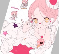  1girl braid cake closed_eyes commentary_request food food-themed_clothes food-themed_hair_ornament glasses glassianne hair_ornament heart heart_print highres ice_cream_hair_ornament jewelry long_hair magical_girl mahou_shoujo_ikusei_keikaku mahou_shoujo_ikusei_keikaku_aces multicolored_hair multiple_expressions necklace open_mouth orange_eyes pink_hair pink_nails puffy_sleeves shamomo sitting smile star_ornament strawberry_hair_ornament white_hair 