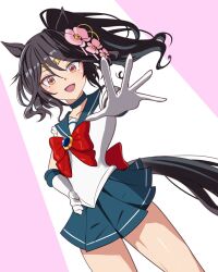  1girl animal_ears bishoujo_senshi_sailor_moon blue_choker blue_sailor_collar blue_skirt blush bow breasts choker commentary_request enukee flower gloves hair_between_eyes hair_flower hair_ornament hand_on_own_hip highres horse_ears horse_girl horse_tail long_hair looking_at_viewer magical_girl open_mouth orchid outstretched_arm phalaenopsis_(umamusume) pleated_skirt red_bow red_eyes sailor_collar school_uniform serafuku side_ponytail skirt small_breasts smile solo tail thighs umamusume white_gloves 