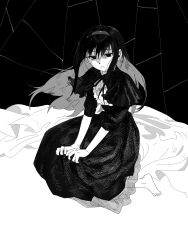  1girl absurdres akemi_homura barefoot closed_mouth clothing_request dress full_body greyscale hairband highres long_dress long_hair looking_at_viewer mahou_shoujo_madoka_magica mahou_shoujo_madoka_magica_(anime) monochrome qing_anxi sitting solo unhappy 