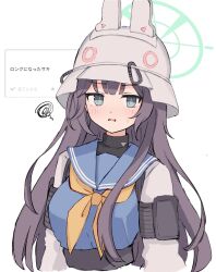  1girl absurdres alternate_hair_length_(longer) alternate_hairstyle animal_ear_headwear animal_ears azuki_(az_my) blue_archive blue_eyes blue_sailor_collar blue_shirt blunt_bangs blush breasts bucket_hat commentary_request fake_animal_ears fan_request green_halo halo hat highres large_breasts long_hair long_sleeves looking_at_viewer neckerchief open_mouth purple_hair rabbit_ears raglan_sleeves request_inset sailor_collar saki_(blue_archive) school_uniform serafuku shirt simple_background solo squiggle sweatdrop undershirt upper_body very_long_hair white_background white_shirt yellow_neckerchief 