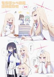  5girls :d absurdres aqua_hair black_hair blonde_hair blonde_student_council_president_(blue_archive) blue_archive blue_necktie book book_stack breasts brown_hair closed_eyes commentary_request curry curry_rice eating food general_student_council_member_a_(blue_archive) general_student_council_member_b_(blue_archive) halo hat highres holding holding_pen holding_spoon looking_at_another momoka_(blue_archive) multicolored_hair multiple_girls musical_note necktie nib_pen_(object) no_eyes open_mouth paper pen pink_hair pointy_ears rice rin_(blue_archive) shuca_ca sidelocks smile spoon streaked_hair translation_request twintails white_hat writing 