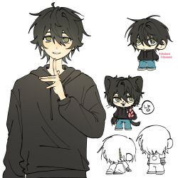  1boy absurdres animal_ears animal_hands arm_at_side black_hair black_hoodie cat_boy cat_ears cat_paws cat_tail chibi commentary degrees_of_lewdity double-parted_bangs drawstring fangs green_eyes hair_between_eyes hair_over_eyes hand_up highres hood hood_down hoodie index_finger_raised jealous kemonomimi_mode kylar_(degrees_of_lewdity) kylar_(male)_(degrees_of_lewdity) long_sleeves looking_at_viewer male_focus multiple_views red_pupils rita1712011 short_hair simple_background smile speech_bubble straight-on tail upper_body whiskers white_background wide-eyed 