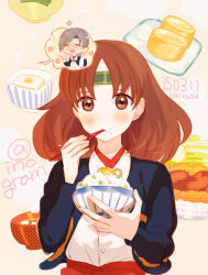 2girls blush bowl brown_eyes brown_hair character_name chibi chibi_inset chitose_(kancolle) chiyoda_(kancolle) chopsticks closed_eyes commentary_request dated eating flower_symbol food grey_hair headband holding holding_bowl holding_chopsticks inogashi japanese_clothes kantai_collection long_sleeves multiple_girls nose_blush omelet one-hour_drawing_challenge plate rice rice_bowl solo_focus tamagoyaki twitter_username upper_body 