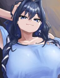  1girl absurdres alternate_costume blue_eyes blue_hair blue_shirt braid closed_mouth commentary double-parted_bangs earrings english_commentary hair_between_eyes hand_in_own_hair highres hololive hololive_english jewelry long_hair looking_at_viewer ouro_kronii shirt short_sleeves single_off_shoulder solo star_(symbol) star_earrings upper_body virtual_youtuber yodogama 