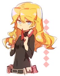  1girl ahoge anpolly belt belt_buckle belt_pouch black_belt black_shirt blonde_hair blue_eyes breasts buckle commentary_request fortress_(sekaiju) fortress_2_(sekaiju) hair_between_eyes hair_brush hands_up holding holding_hair_brush long_hair looking_at_viewer mouth_hold pouch sekaiju_no_meikyuu sekaiju_no_meikyuu_4 shirt small_breasts solo upper_body white_background 