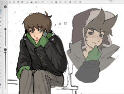  2boys alternate_costume animification antenna_hair art_program_in_frame black_coat brown_eyes brown_hair brown_pants cabbage2y2 coat commentary edd_(eddsworld) eddsworld english_commentary green_eyes green_hoodie green_mittens hair_ears hat highres holding holding_phone hood hood_down hoodie long_sleeves male_focus mittens multiple_boys open_mouth pants phone short_hair simple_background sitting speech_bubble swept_bangs talking_on_phone thought_bubble tord_(eddsworld) trench_coat ushanka white_background winter_clothes 