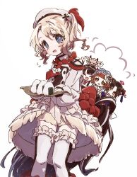  +_+ 4girls black_hair blonde_hair blue_eyes boro_(tn-boro) brown_hair clantail closed_eyes commentary_request dragon epaulettes food frilled_hairband frilled_skirt frilled_thighhighs frills hair_ornament hairband hat hat_feather highres holding holding_food horns magical_girl mahou_shoujo_ikusei_keikaku mahou_shoujo_ikusei_keikaku_restart miyokata_no_nako multicolored_hair multiple_girls onigiri open_mouth pechika_(mahoiku) red_eyes red_hair rionetta short_hair skirt smile tassel thigh-highs white_background white_hat yellow_eyes 
