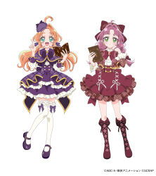  2girls ahoge akechi_anna alternate_costume blush book boots bow brooch capelet closed_mouth commentary_request copyright_notice deerstalker dress earrings frilled_dress frilled_thighhighs frills full_body gold_trim green_eyes hair_bow hair_ribbon hand_on_own_cheek hand_on_own_face hat highres holding holding_book jewelry knee_boots kobayashi_mikuru lace-up_boots layered_dress long_hair long_sleeves looking_at_viewer mary_janes meitantei_precure! mini_hat multiple_girls official_alternate_costume official_art open_book open_mouth orange_hair plaid_clothes plaid_skirt pointing pointing_up precure puffy_sleeves purple_bow purple_dress purple_hair red_bow red_skirt ribbon shoes simple_background skirt smile standing thigh-highs twintails wavy_hair white_background white_thighhighs 