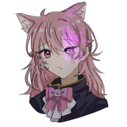  1girl ahoge animal_ears blood blood_on_face bow bowtie cat_ears closed_mouth commentary english_commentary fang glowing glowing_eye hanyu0205 kagari_mimi kimi_ga_shinu_made_koi_wo_shitai pink_bow pink_bowtie pink_eyes pink_hair simple_background solo upper_body white_background 