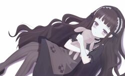  1girl bags_under_eyes black_dress black_eyes black_hair black_hairband black_shoes commentary_request dress frilled_hairband frills gothic_lolita hairband hardgore_alice highres holding holding_stuffed_toy lolita_fashion long_hair magical_girl mahou_shoujo_ikusei_keikaku mahou_shoujo_ikusei_keikaku_unmarked pantyhose shoes striped_clothes striped_pantyhose stuffed_toy teepa vertical-striped_clothes vertical-striped_pantyhose white_background 