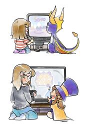  1boy 2girls :d a_hat_in_time age_progression artist_self-insert black-framed_eyewear blue_pants brown_hair brown_pants cape child commentary controller copyright_logo dragon dualshock english_commentary facing_another facing_away game_console game_controller glasses grey_sweater hair_tie hand_up hat hat_kid hat_ribbon holding holding_controller holding_game_controller jacket jenna_brown jenna_brown_(person) logo long_hair medium_hair multiple_girls no_eyes off-shoulder_sweater off_shoulder official_artist_extra open_mouth pants playstation_1 playstation_controller pointing ponytail purple_hat purple_jacket purple_socks real_life red_shirt ribbon seiza shirt short_sleeves sidelocks signature sitting smile socks spyro_(series) spyro_the_dragon sweater t-shirt top_hat two-tone_shirt white_background white_shirt white_socks yellow_cape yellow_ribbon 