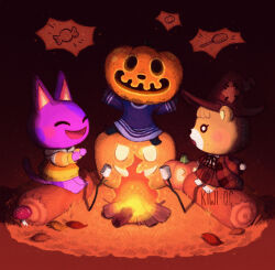  animal_crossing animal_crossing:_new_horizons artist_name autumn autumn_leaves bear bob_(animal_crossing) campfire cat chiaroscuro coat fire food glowing halloween hat highres hood hoodie jack-o'-lantern jack_(animal_crossing) kiwi-b0nes leaf maple_(animal_crossing) marshmallow mushroom neck_ribbon no_humans patchwork_clothes plaid_clothes plaid_coat plaid_skirt pumpkin ribbon roasted_marshmallow skirt spiky_speech_bubble striped_clothes striped_hoodie villagers warm_colors witch_hat 