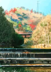  absurdres blue_sky blueman&amp;alinla bridge chinese_commentary commentary_request day grass highres hill nature no_humans outdoors radio_tower river rock scenery sky stairs touhou tree variant_set water 