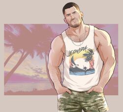 1boy absurdres beach_print beard_stubble blue_eyes brown_hair chest_hair commentary cowboy_shot english_commentary facial_hair grand_theft_auto grand_theft_auto_vi green_shorts highres jason_duval jewelry looking_at_viewer male_focus muscular muscular_arms muscular_male necklace ocean palm_tree rondeniro short_hair shorts stubble sunset tank_top tree very_short_hair white_tank_top 