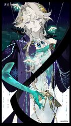  1girl absurdres beryl_bouanich black_border black_shawl blue_eyes border bug chinese_commentary commentary_request copyright_name countdown crystal_skin crystallization dragonfly dress grey_hair hair_ornament hand_up highres jewelry logo long_hair looking_at_viewer necklace official_alternate_costume official_art parted_lips reverse:1999 shawl solo upper_body white_dress 