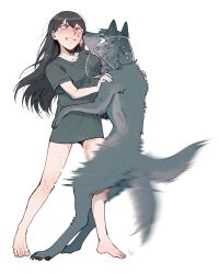  1girl afterimage anger_vein animal animalization bang_dream! bang_dream!_it's_mygo!!!!! barefoot black_dog black_hair black_shirt blue_eyes blush breasts clenched_teeth commentary_request dog falcorusti full_body highres korean_commentary long_hair mole mole_under_eye pet_cone shiina_taki shirt short_sleeves simple_background standing t-shirt tail tail_wagging teeth violet_eyes white_background yahata_umiri 