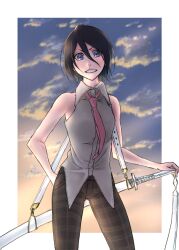  1girl :d alternate_costume bare_shoulders black_hair black_pants bleach blue_eyes border casual clouds collared_shirt commentary_request cowboy_shot double-parted_bangs grin hair_between_eyes highres holding holding_sword holding_weapon katana kuchiki_rukia looking_at_viewer mitarashi_(5333069) necktie outdoors outside_border pants plaid_clothes plaid_pants red_necktie shirt short_hair sky sleeveless sleeveless_shirt smile sode_no_shirayuki_(shikai) solo sunset sword v-shaped_eyebrows weapon white_border white_shirt 