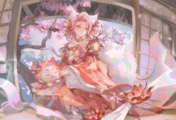  1girl :o absurdres ahoge animal animal_ear_fluff animal_ears animal_print bell blue_eyes blue_ribbon blue_sky butterfly_print cat cherry_blossoms chinese_clothes choker cloak closed_eyes clothed_animal double_bun earclip expressionless eyelashes eyeshadow flower forever_bond_(infinity_nikki) fox_ears fox_girl fox_tail full_body gold_choker hair_bun hair_flower hair_ornament hair_over_shoulder hanfu heterochromia highres hood hood_up hooded_cloak indoors infinity_nikki kneeling large_tail lingchensandianban24730 long_hair looking_to_the_side lotus makeup momo_(nikki) momo_(wiltbloom)_(infinity_nikki) mountain neck_bell nikki_(series) official_alternate_costume parted_lips petals pink_eyeshadow pink_hair print_hanfu red_cloak red_flower red_hanfu ribbon shouji sky sliding_doors slit_pupils smile tail tree very_long_hair waist_ribbon white_cat wide_sleeves yellow_eyes 