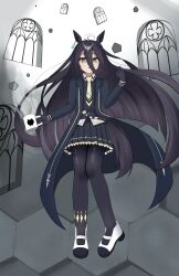  1girl absurdres ahoge animal_ears belt_buckle black_coat black_gloves black_hair black_pantyhose black_skirt black_vest blunt_ends buckle coat collared_shirt commentary_request cup ear_ornament ear_tag earrings gloves hand_up hem_peeking_out highres holding holding_cup horse_ears horse_girl horse_tail jewelry long_hair long_sleeves looking_at_viewer manhattan_cafe_(creeping_shadow)_(umamusume) manhattan_cafe_(umamusume) mimionaaaa mug multicolored_hair necktie open_clothes open_coat pantyhose parted_lips pleated_skirt shirt shoes single_earring skirt solo steam steaming_body tail umamusume very_long_hair vest white_hair white_shirt white_shoes yellow_eyes yellow_necktie 