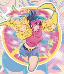  1girl :d ;d acecore2k belt belt_buckle black_belt black_hair blue_shorts breasts bright_pupils buckle coat earrings english_commentary eyewear_on_head floating_clothes floating_hair gloves highres jewelry jubilee_(marvel) looking_at_viewer looking_up marvel medium_breasts midriff multicolored_eyes navel one_eye_closed open_mouth photokinesis pink-tinted_eyewear pink_eyes pink_shirt shirt short_hair shorts smile solo tinted_eyewear violet_eyes white_pupils x-men yellow_coat yellow_gloves zoom_layer 
