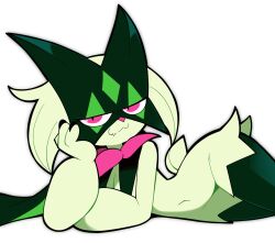  1other animal_nose body_fur claws covered_navel furry furry_female green_fur green_hair highres looking_at_viewer lying mask meowscarada no_humans on_side partial_humanization pawpads pink_eyes pokemon pokemon_(creature) scott_falco short_hair short_tail simple_background smile smug solo tail two-tone_fur 
