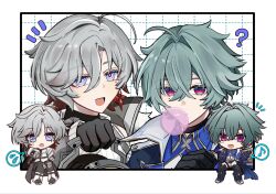  2boys ? ahoge aoaoahohoc armor belt black_belt black_boots black_choker black_gloves black_jacket black_pants black_shirt blowing_bubble_gum blue_eyes blue_shirt boots border bright_pupils brown_hair brown_jacket cape checkered_background chest_belt chewing_gum chibi chibi_inset choker closed_mouth collared_shirt commentary_request crossed_bangs dagger earrings empty_eyes full_body furry furry_male genshin_impact gloves gradient_hair green_hair grey_hair hair_between_eyes hand_up highres holding holding_dagger holding_knife holding_lantern holding_weapon illuga_(genshin_impact) jacket jewelry knee_pads knife lantern lapels lohen_(genshin_impact) long_sleeves looking_at_viewer male_focus mole mole_under_eye multicolored_hair multiple_boys musical_note notice_lines open_clothes open_jacket open_mouth outside_border pants pink_eyes puffy_long_sleeves puffy_sleeves purple_cape shirt short_hair shoulder_armor single_earring sitting smile speech_bubble spoken_musical_note spoken_sweatdrop spread_legs striped_cape sweatdrop sweater thigh_boots thigh_strap turtleneck turtleneck_shirt turtleneck_sweater two-tone_hair upper_body weapon white_background white_boots white_border white_pants white_pupils white_sweater 