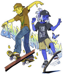  2boys aizawa_sachi alternate_costume artist_name baseball_cap black_hat black_shirt black_shoes blonde_hair blue_(deltarune) blue_butterfly blue_pants blue_skin brown_pants brown_shirt brown_shorts bug butterfly closed_eyes colored_skin commentary deltarune denim earrings english_commentary english_text eyelashes hat jewelry multiple_boys pants petals ponytail shirt shoes short_hair shorts signature skateboard smile sneakers utdr_(toby_fox) white_hair wristband yellow_(deltarune) yellow_petals yellow_skin 