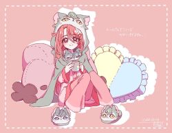  1girl alan_(precure) animal_hood animal_slippers cape closed_mouth commentary cup dated flower full_body grey_cape grey_slippers hair_flower hair_ornament heart heart-shaped_pillow holding holding_cup hood hood_up hooded_cape karin_(precure) long_hair looking_at_viewer meitantei_precure! mug pajamas pants pillow pink_background pink_eyes pink_hair pink_pajamas pink_pants pink_shirt precure rain_(precure) shirt sitting slippers smile solo translation_request ueda_hanako untranslatable_commentary 