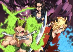  1girl 2boys absurdres bandana_around_arm blonde_hair blue_fire cigarette commentary demonio_fleur fangs fire green_hair hair_over_one_eye highres holding holding_sword holding_weapon horns ifrit_jambe looking_at_viewer menacing multiple_boys nico_robin one_piece red_eyes red_suit roronoa_zoro samu_(samudl) sanji_(one_piece) short_hair suit sword veins weapon 