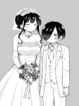  1boy 1girl arms_at_sides bare_shoulders black_hair blush boku_no_kokoro_no_yabai_yatsu bouquet breasts dress earrings elbow_gloves formal gloves grey_background greyscale hair_up hetero highres holding holding_bouquet ichikawa_kyoutarou jewelry looking_at_another medium_breasts monochrome necktie pocket_square short_hair simple_background smile suit sweat sweatdrop vest white_dress yamada_anna zeroasann 