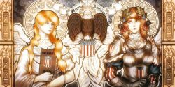  2girls american_flag american_flag_print angel armor bald_eagle bird blonde_hair blue_eyes book bow breastplate brown_hair columbia_(personification) dress eagle eschatonicism fasces_(object) flag_print hair_bow hair_over_shoulder high_collar holding holding_book latin_text long_hair manifest_destiny multiple_girls multiple_hair_bows original pauldrons puffy_sleeves shoulder_armor straight-on upper_body very_long_hair white_dress 