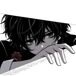  1boy bags_under_eyes black_jacket boutonniere bus202x covered_mouth degrees_of_lewdity double-parted_bangs green_eyes hair_between_eyes highres jacket kylar_(degrees_of_lewdity) kylar_(male)_(degrees_of_lewdity) looking_at_viewer male_focus nostrils portrait short_hair simple_background solo through_medium 