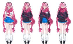  1girl arm_warmers black_cardigan black_choker black_jacket black_shoes blue_skirt bow bowtie braid braided_bangs breasts button_gap cardigan chattino_(raora_panthera) chest_harness choker closed_mouth commentary_request cross-laced_clothes cross-laced_sleeves english_commentary full_body glasses hair_intakes hair_ornament hair_ribbon hairclip harness heart heart_choker highres hololive hololive_english jacket large_breasts leg_warmers loafers long_hair long_sleeves looking_at_viewer multicolored_hair multiple_views nekojira o-ring o-ring_thigh_strap official_alternate_costume official_art open_clothes open_jacket panther_girl panther_tail parallel_hairclips pink_bow pink_bowtie pink_hair pink_ribbon raora_panthera raora_panthera_(casual) red_scarf ribbon scarf school_uniform scrunchie shirt shoes short_sleeves simple_background single_arm_warmer skirt smile standing streaked_hair tail taut_clothes taut_shirt thigh_strap twin_braids very_long_hair virtual_youtuber white_arm_warmers white_background white_hair white_leg_warmers white_shirt white_streaks wing_collar wrist_scrunchie x_hair_ornament yellow_eyes 