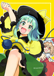  2girls :d absurdres black_hat blonde_hair blush bow buttons collared_shirt commentary_request crystal crystal_wings diamond_button disembodied_linked_eye eyeball flandre_scarlet frilled_sleeves frills green_eyes green_hair green_skirt hand_grab hat hat_bow hat_ribbon highres komeiji_koishi long_sleeves mob_cap multicolored_wings multiple_girls niseneko_(mofumofu_ga_ienai) red_eyes red_skirt red_vest ribbon shirt skirt skirt_set smile textless_version touhou vest white_hat white_shirt wide_sleeves wings yellow_bow yellow_shirt 