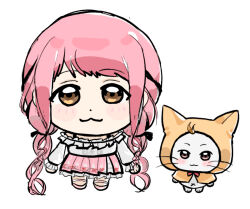  1girl :3 absurdly_long_hair ahoge animal black_bow black_ribbon blush_stickers bow bowtie bra_strap brown_eyes buttons cat center_frills chibi chinese_commentary cloak closed_mouth clothed_animal commentary_request dot_nose ear_covers frilled_shirt frilled_skirt frilled_sleeves frills hair_bow hair_ribbon highres hood hood_up hooded_cloak infinity_nikki laibeibingnatie87107 layered_skirt long_hair long_sidelocks long_sleeves looking_at_viewer low_twintails mary_janes medium_skirt momo_(nikki) nikki_(nikki) nikki_(series) off-shoulder_shirt off_shoulder perfect_start_(infinity_nikki) pink_hair pink_shoes pink_skirt pleated_skirt print_skirt puffy_long_sleeves puffy_sleeves red_bow red_bowtie ribbon shirt shoes sidelocks simple_background skirt smile snowflake_print snowflakes standing straight-on traditional_bowtie tress_ribbon twintails very_long_hair wavy_hair white_background white_cat white_shirt white_skirt x_navel yellow_cloak 
